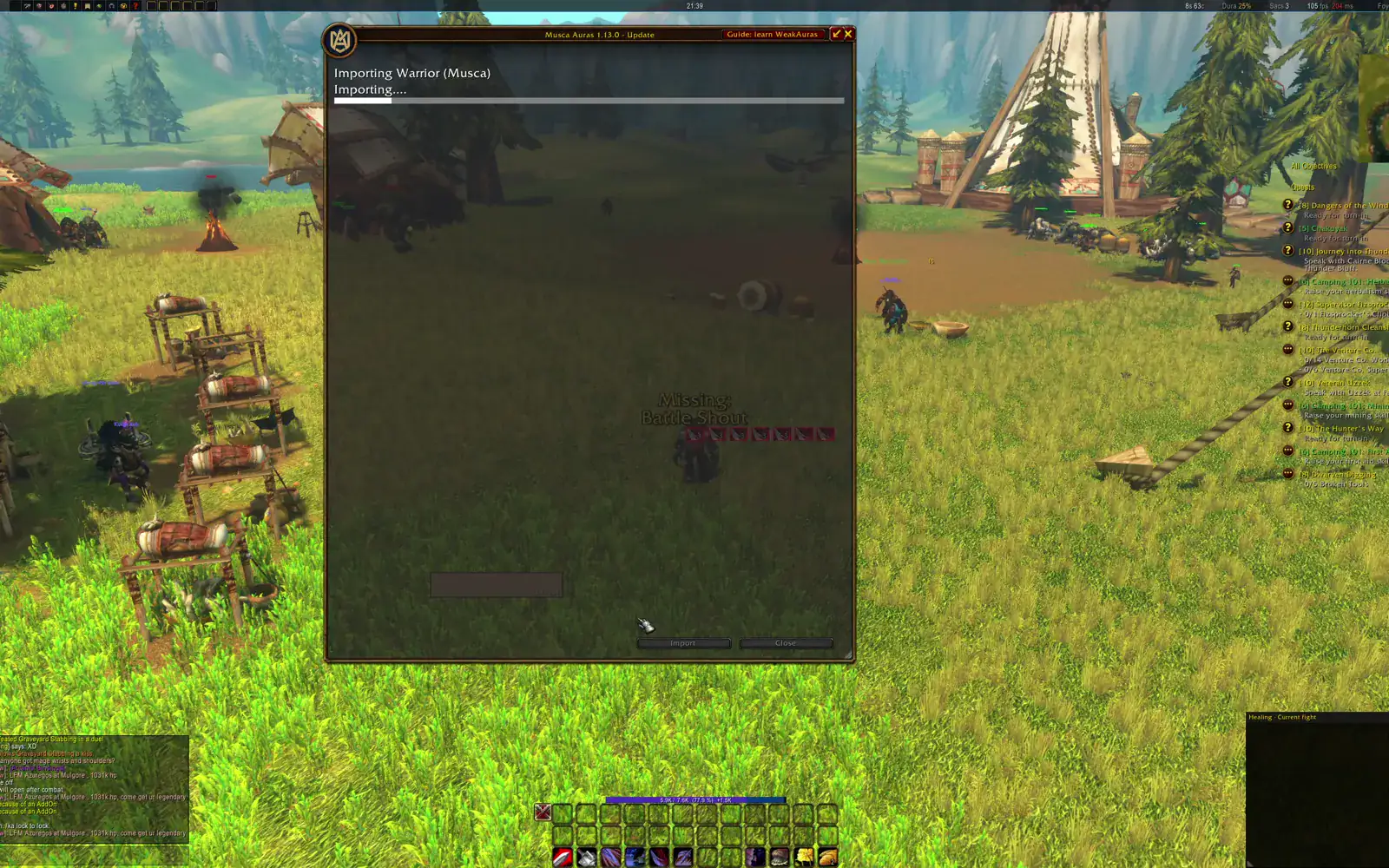 Musca Auras in game: importing the Warrior pack, then a Missing Battle Shout reminder