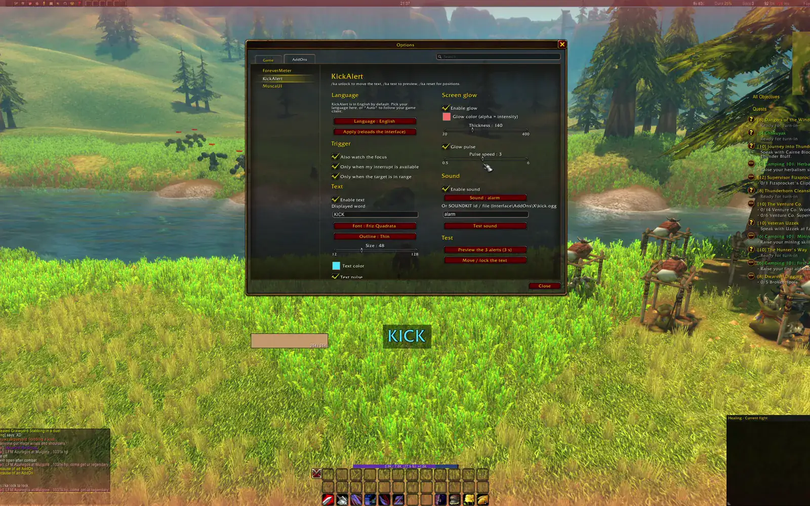 Musca KickAlert in game: options panel with the KICK alert preview
